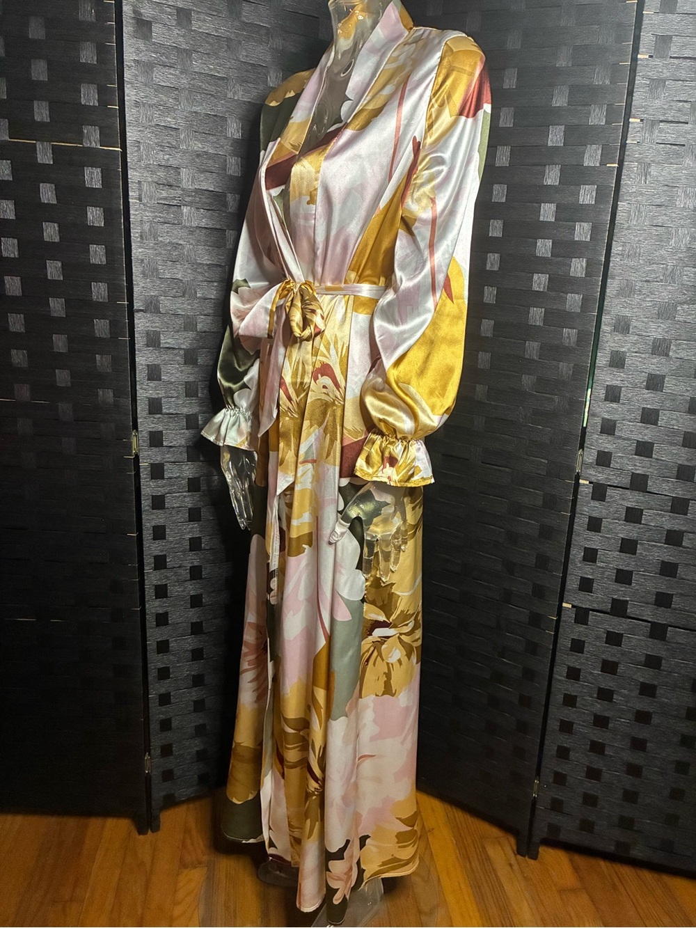 Floral Satin Wrap Maxi Robe - Pink & Mustard - Picture 6 of 8